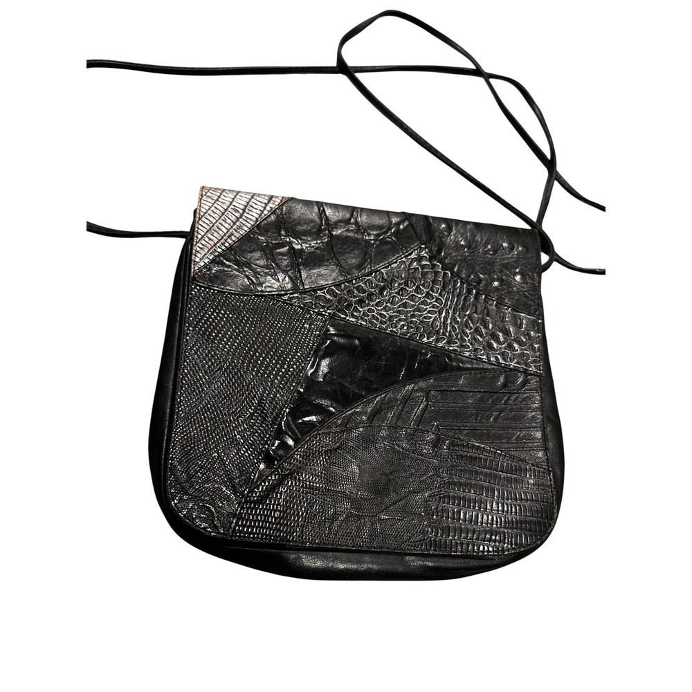 Vintage Black Patchwork Exotic Embossed Leather Crossbody Bag Small Purse
